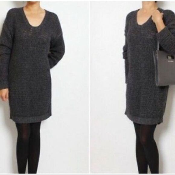 Theory Gray Avelina Airmix Wool Mohair Blend Open Knit Sweater Dress, Medium - Picture 4 of 16